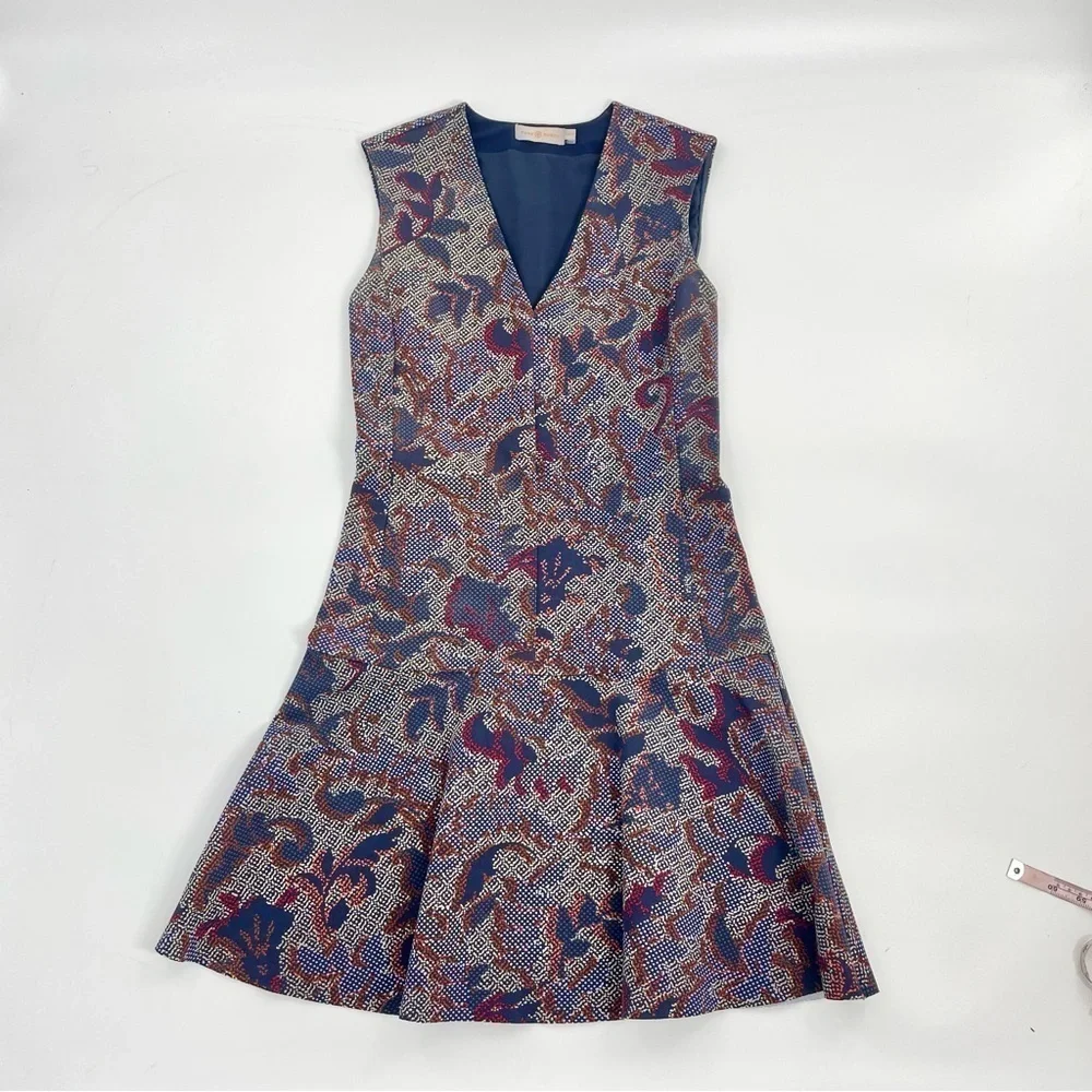 Tory‎ Burch Calico Pixelated Blue Neutral V-Neck Floral Fit n’ Flare Dress Sz XS
